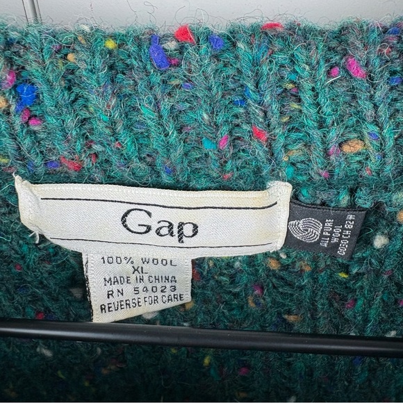 Gap Vintage 100% Wool Emerald Green Rainbow Speckle Confetti Chunky Knit Sweater - Picture 4 of 5